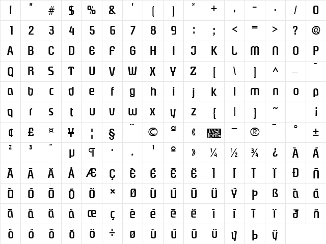 Plover Bold  glyph index