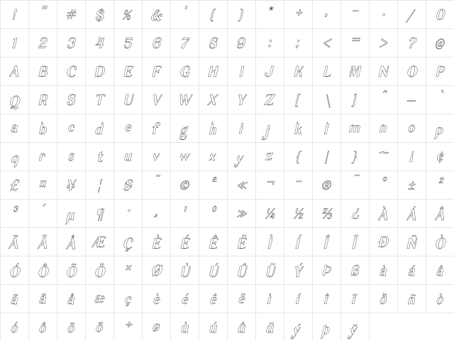 Garlic Outline Italic  glyph index