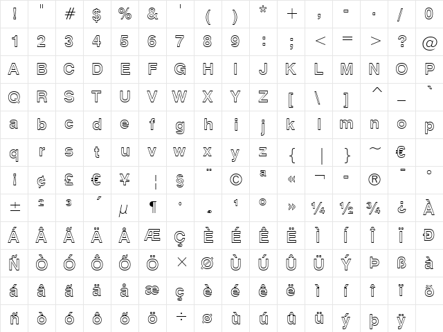 Swis721 BdOul BT Bold  glyph index