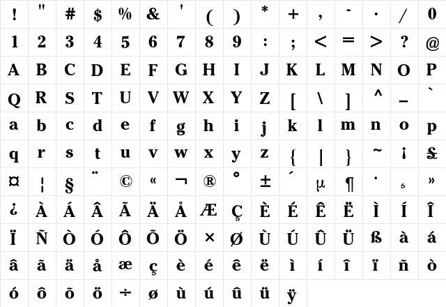 Cheltenham ITC BQ Regular  glyph index
