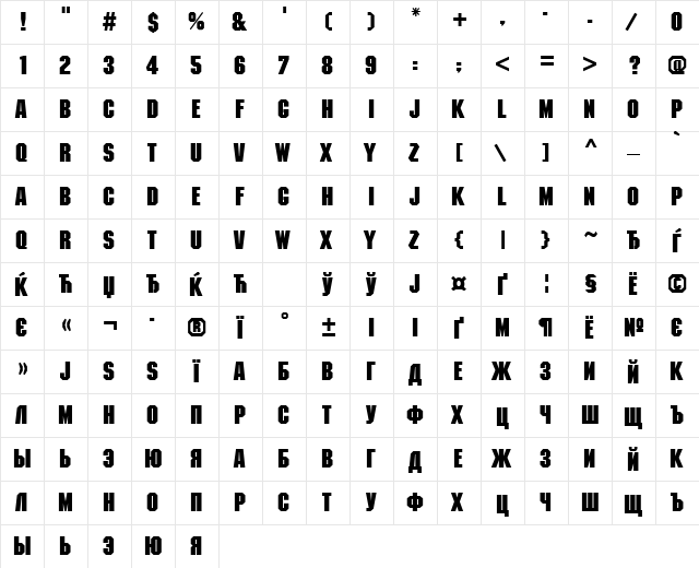 MachineCTT Bold  glyph index