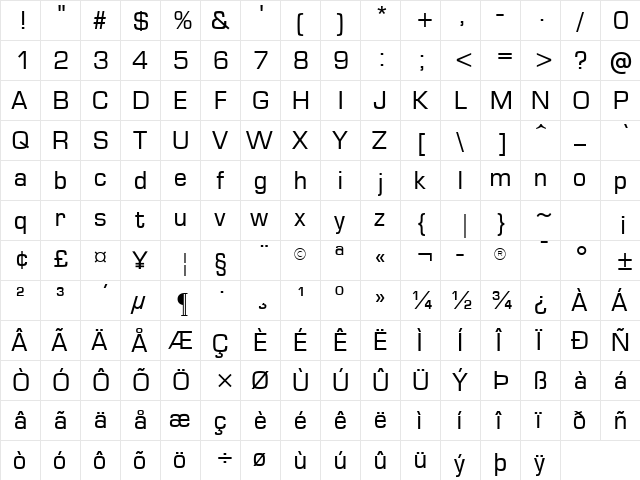Metrostyle EC Regular  glyph index