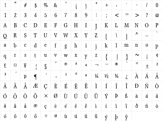 GarthGraphic-Condensed Roman  glyph index