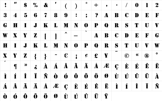 Stencil Antique MN Regular  glyph index