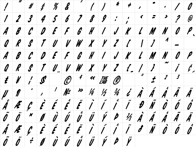 Komika Title - Tilt Regular  glyph index