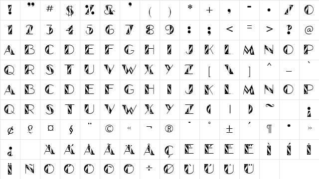 GlitzyCurl Regular  glyph index