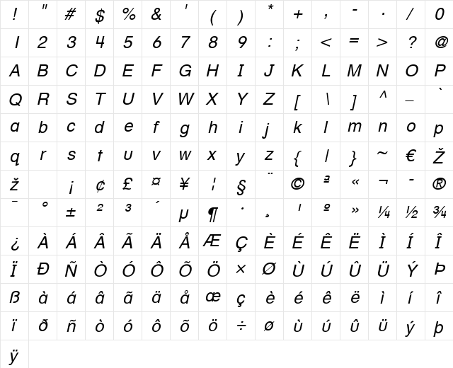 HelveticaTextbook LT Roman Italic  glyph index