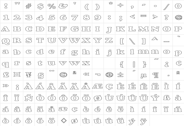 Dover Hvy Hollow Exp Regular  glyph index