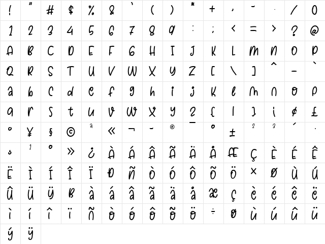 Grateful Monday Regular  glyph index