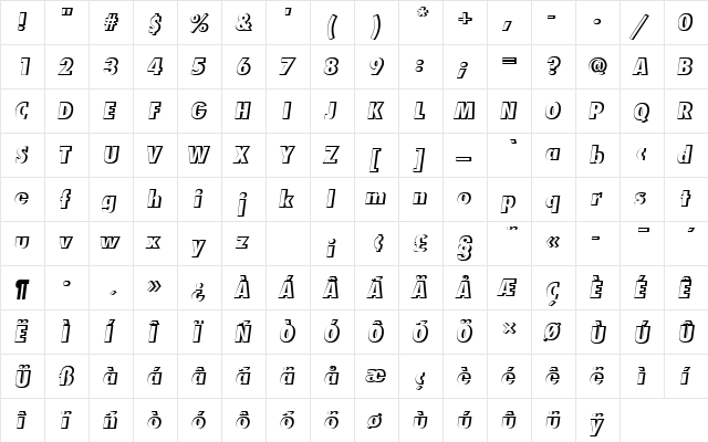 FuturaTExtBolConOblRe1 Regular  glyph index