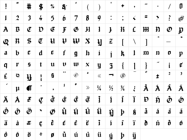 TSChapinero Blackletter  glyph index