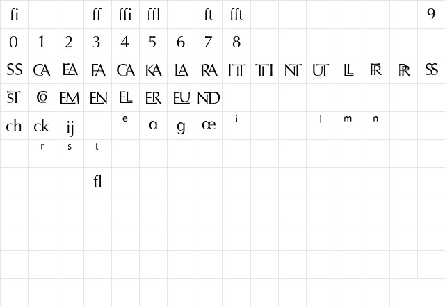 OptimaLigatures Regular  glyph index
