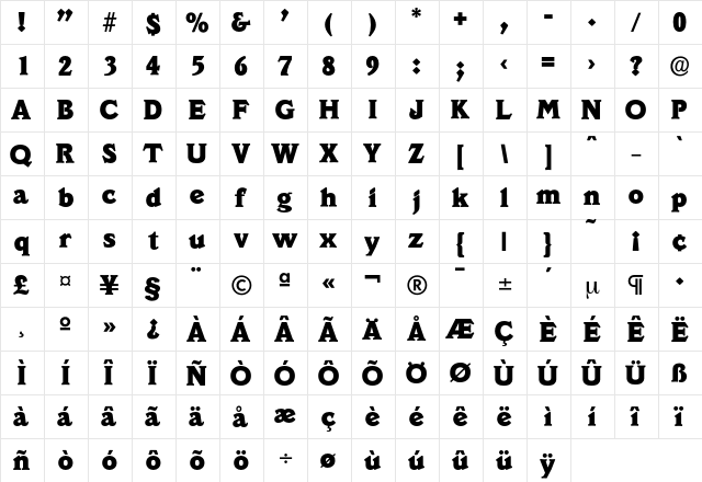 Veracruz-ExtraBold Regular  glyph index