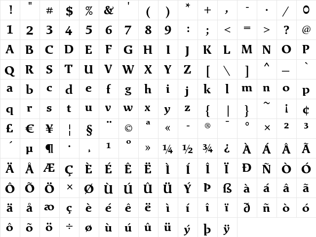 Exlibris Bold  glyph index