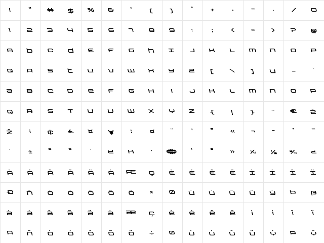 Nextwave Leftalic Italic  glyph index