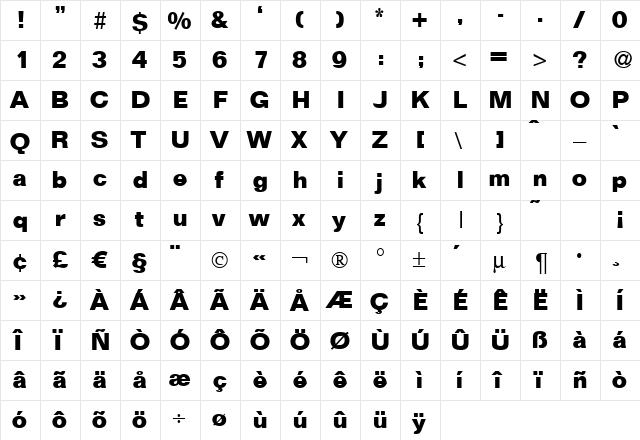 Focus Bold  glyph index