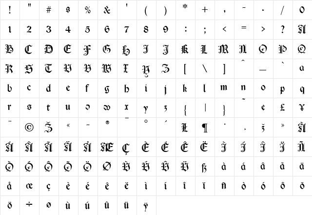 Cimbrian Regular  glyph index