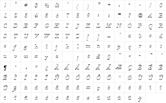 BodoniAntTDemBolItaOu1 Regular  glyph index