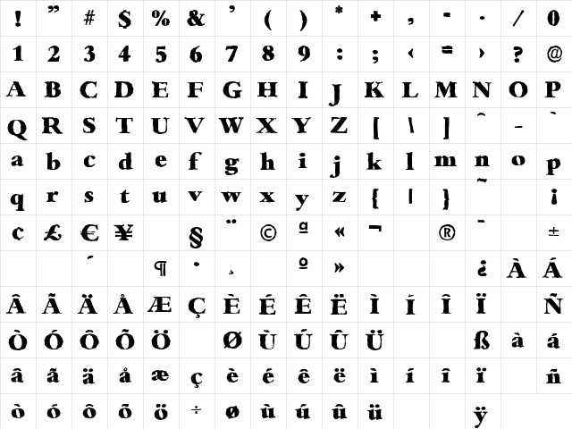 BambergAntique-Heavy Regular  glyph index