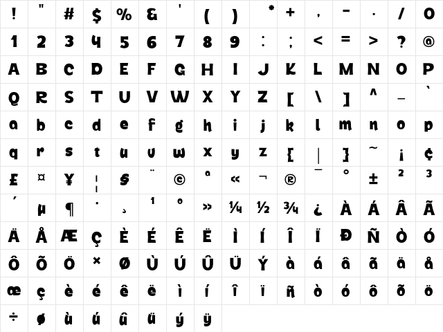 Winear Regular  glyph index