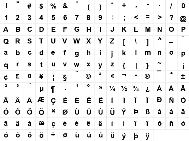 Communication38 Bold  glyph index