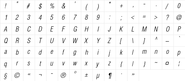 HeliosCondLight Italic  glyph index