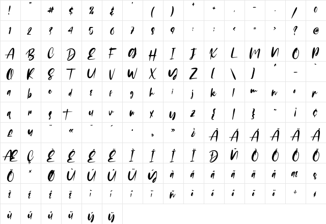 Russeline Regular  glyph index