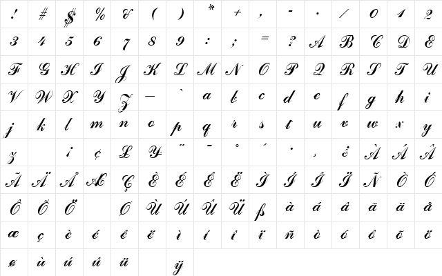 CommercialScript Regular  glyph index