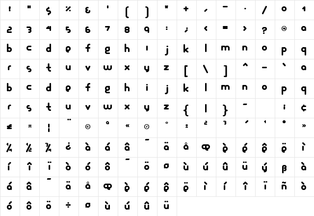 GAF2002 Regular  glyph index