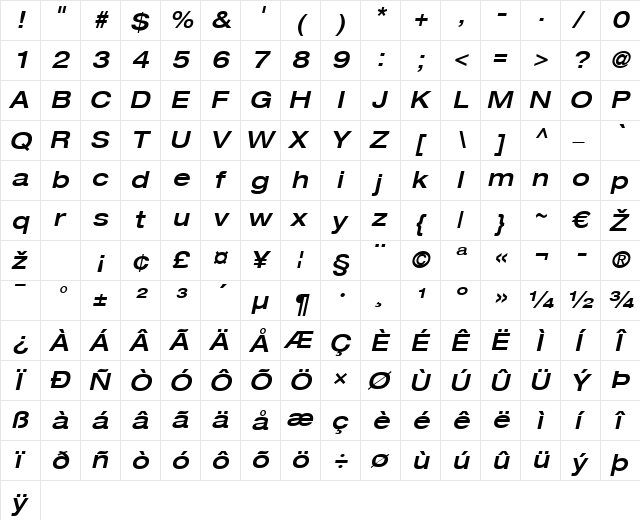 HelveticaNeue LT 63 MdExObl Regular  glyph index