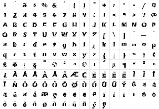 Eras Contour Regular  glyph index