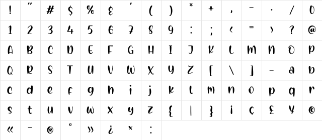 Creamy Sunset Regular  glyph index