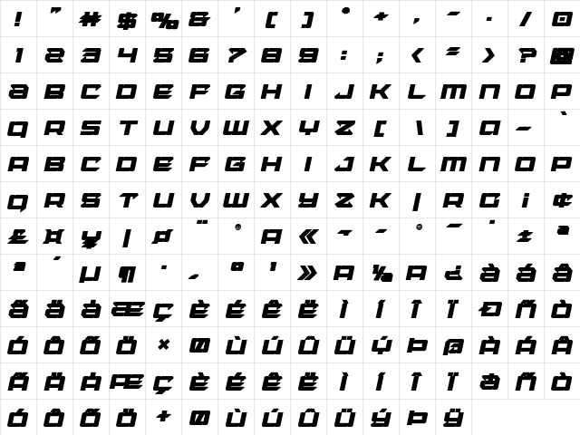 Laser Wolf Bold Italic Bold Italic  glyph index