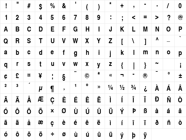 Helvetica Narrow S Bold  glyph index