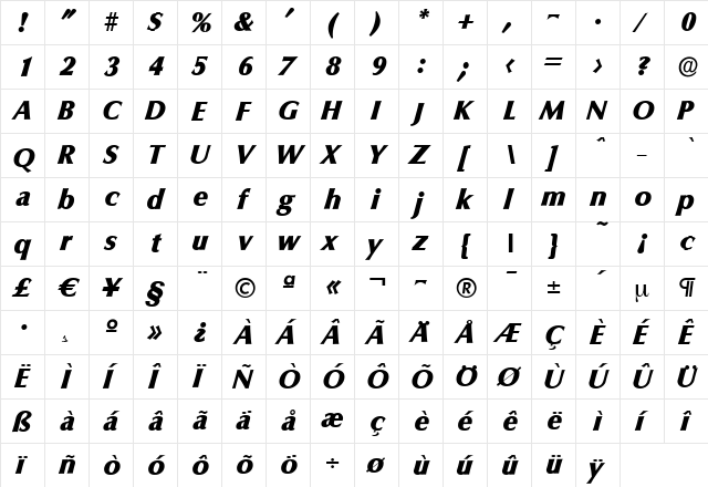 EricBecker-Heavy Italic  glyph index