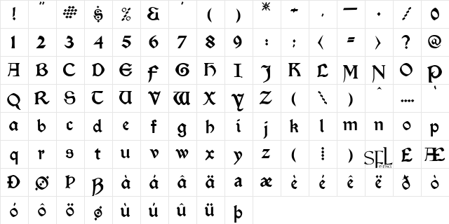 Kelmscott Regular  glyph index