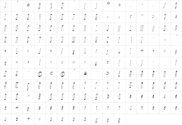 Devon-Hollow-Condensed Italic  glyph index