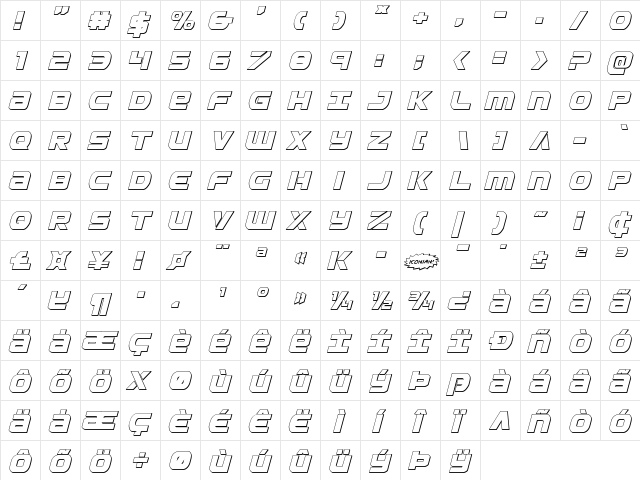 Ozda 3D Italic Italic  glyph index