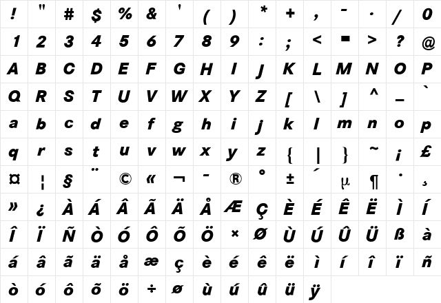 Corporate S BQ Bold Italic  glyph index