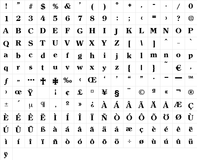 Clerface-Bold Regular  glyph index