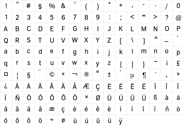 Aral-Type BQ Regular  glyph index