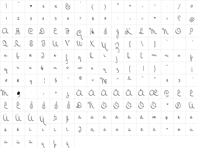 Mrs Von Eckley Regular  glyph index