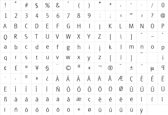Glasgow-Serial-ExtraLight Regular  glyph index