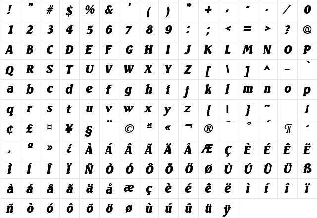 Seabird Heavy SF Bold Italic  glyph index