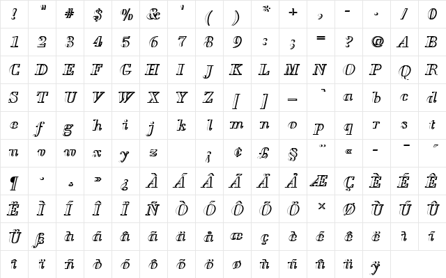 BodoniAntTDemBolItaRe1 Regular  glyph index