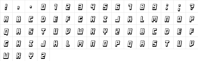 Tricks Hollow Italic  glyph index
