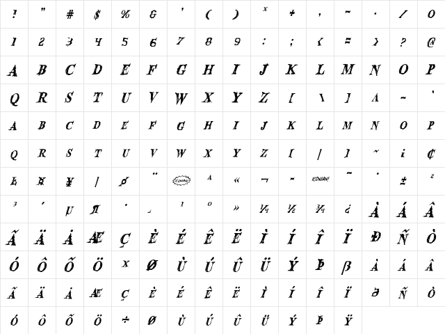 Blood Crow Condensed Italic Condensed Italic  glyph index