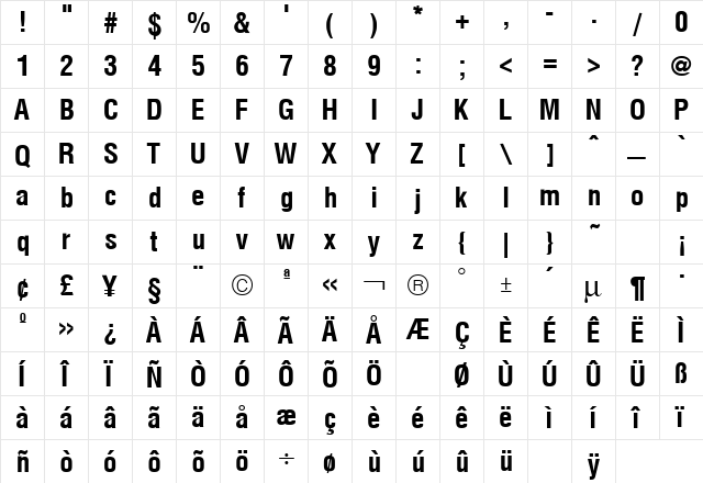 Hallmarke Condensed Bold  glyph index
