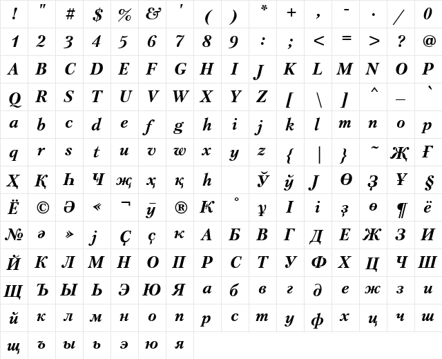 PetersburgITT BoldItalic  glyph index