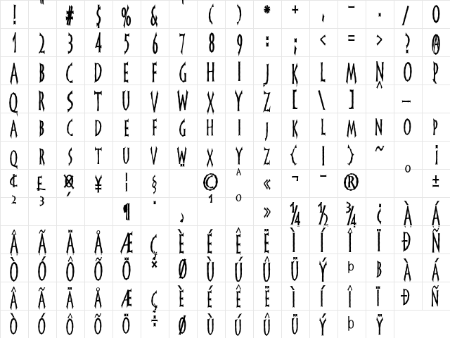 FrankenDork Tall Regular  glyph index
